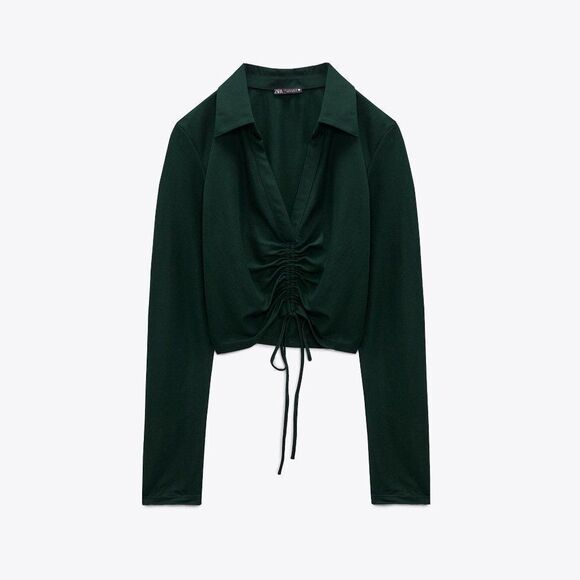 Zara T-SHIRT WITH RUCHING DEEP GREEN - Picture 4 of 7